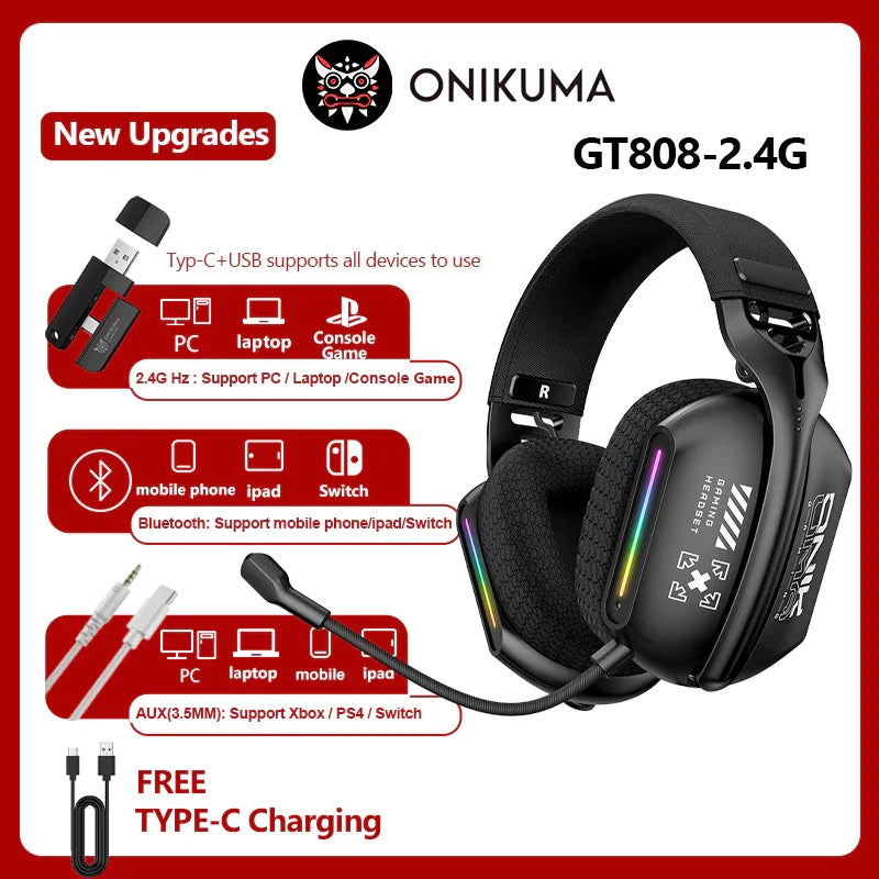 Casque Gaming Sans Fil ONIKUMA GT808 RGB - Bluetooth 5.3
