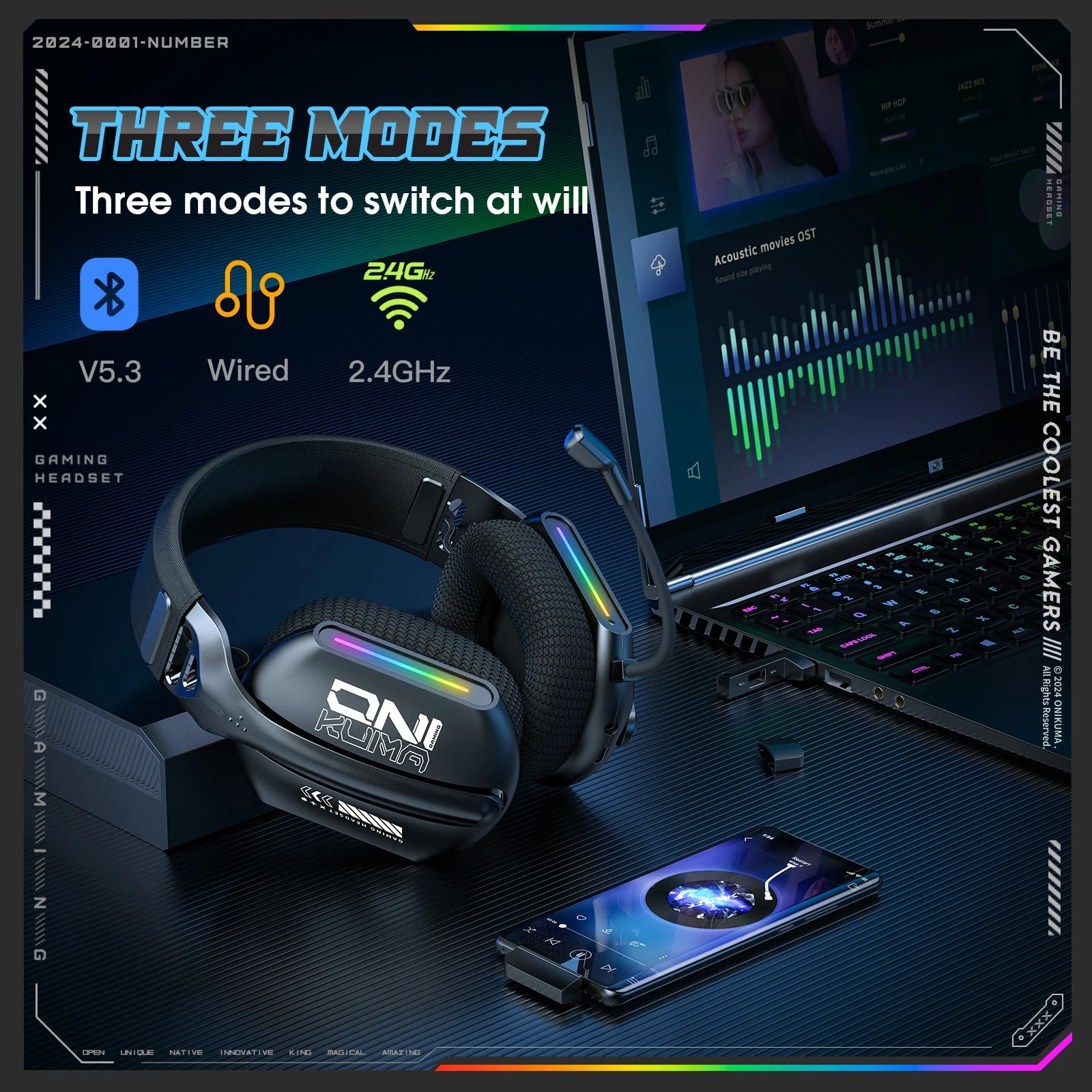 Casque Gaming Sans Fil ONIKUMA GT808 RGB - Bluetooth 5.3